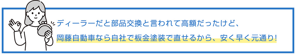 ディーラーだと部品交換と言われて高額だったけど、岡藤自動車なら自社で鈑金(板金)塗装で直せるから、安く早く車が元通りに!